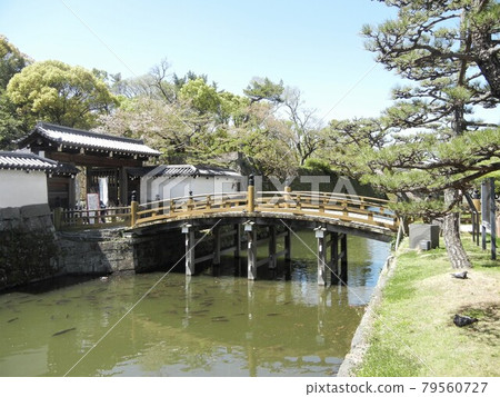 Scenery of a Japanese castle: Ote-mon of Wakayama Castle and Ichinohashi where carps flock underneath Scenery of a Japanese castle: Ote-mon of Wakayama Castle and Ichinohashi where carps flock underneath 79560727