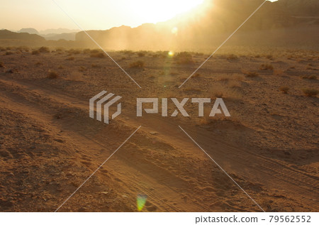 [Jordan] The vast desert Wadiram, the shadow of the ruts of a car in the desert 79562552