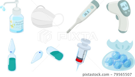 Icons for everyday medical items such as disinfectants, masks, thermometers and ampoules Icons for everyday medical items such as disinfectants, masks, thermometers and ampoules 79565507