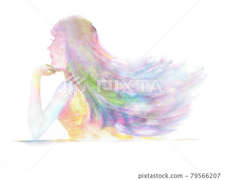 一個長頭髮的女人的手繪剪影 79566207