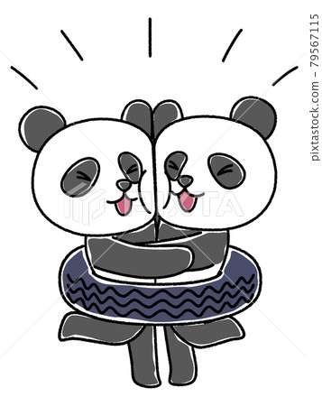 雙熊貓在輪胎中玩耍，同時將臉頰貼在一起的插圖 79567115