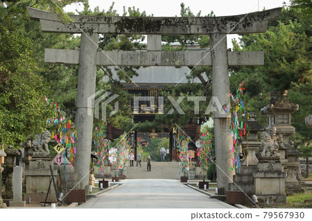 Scenery where you can see the three torii gates and the tower gate of Kitano Tenmangu in Kyoto in the summer 79567930