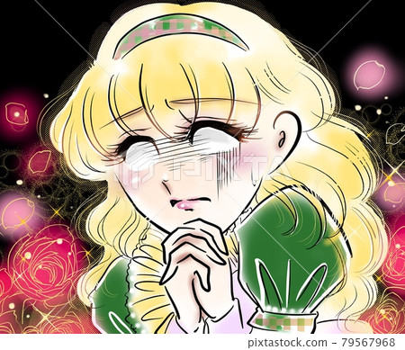 70's Shojo Manga Blonde Perm Lady Pounding Praying Pose 79567968