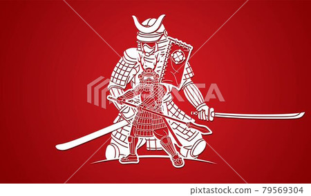Group of Samurai Japanese Warrior Ronin with Weapons Action Cartoon Graphic Vector 79569304