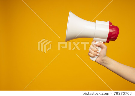 Woman holding megaphone on yellow background 79570703