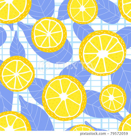 Fresh summer pattern with lemon slices and blue leaves on checkered background, colorful kitchen textile 79572059