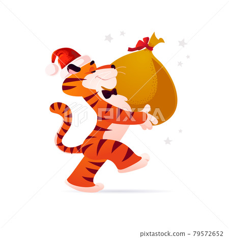 Vector flat cartoon illustration of new year and merry Christmas mascot tiger funny character in Santa hat carry big bag Vector flat cartoon illustration of new year and merry Christmas mascot tiger funny character in Santa hat carry big bag 79572652