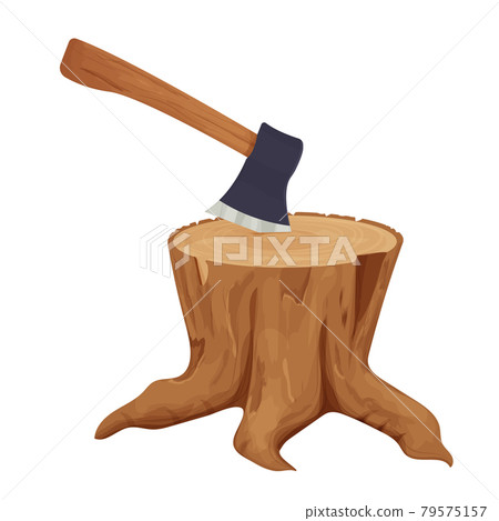 A tree stump with an axe stuck in cartoon style isolated on white background. Detailed, textured choped. Forest, camping concept 79575157