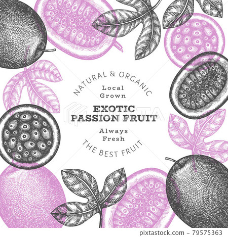 Hand drawn sketch style passion fruit banner. Organic fresh fruit vector illustration. Retro exotic fruit design template Hand drawn sketch style passion fruit banner. Organic fresh fruit vector illustration. Retro exotic fruit design template 79575363