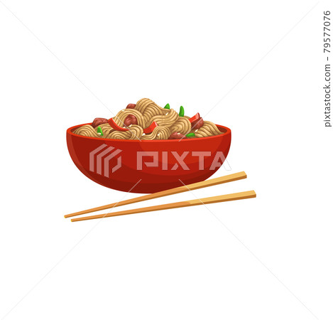 Soyabean noodles, chopsticks in bowl isolated icon 79577076