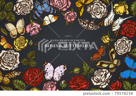 Floral design on dark background with menelaus blue morpho, giant swordtail, lemon butterfly, red 79578239