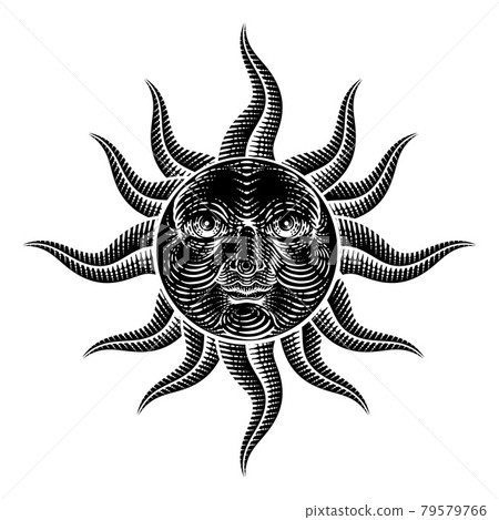 Sun Face Woodcut Drawing Retro Vintage Engraving Sun Face Woodcut Drawing Retro Vintage Engraving 79579766