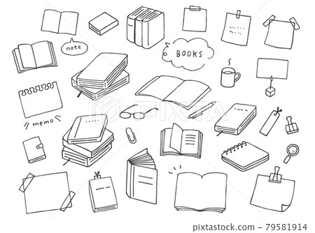 書籍、筆記本、文具手繪插畫(單色) 書籍、筆記本、文具手繪插畫(單色) 79581914