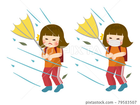 雨傘要被風吹走的小學生 雨傘要被風吹走的小學生 79583507