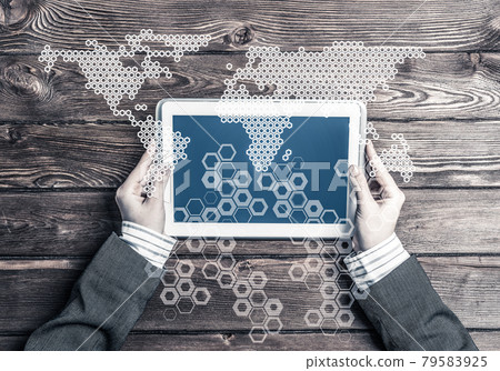 Business workplace with tablet device coffee cup and media user interface 79583925