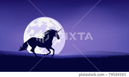 vector silhouette outline of fairy tale unicorn horse and full moon night landscape vector silhouette outline of fairy tale unicorn horse and full moon night landscape 79584583