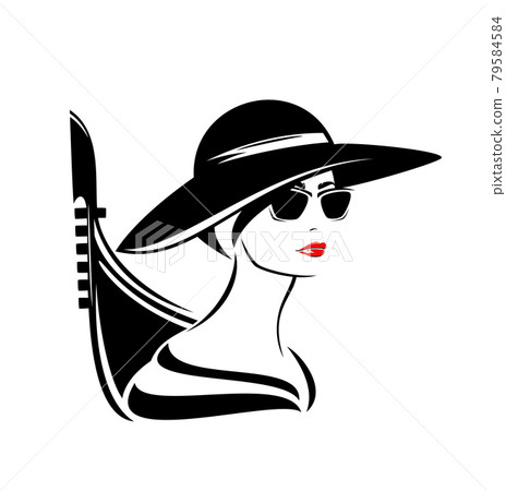beautiful woman wearing hat and sunglasses with venetian gondola boat black vector portrait beautiful woman wearing hat and sunglasses with venetian gondola boat black vector portrait 79584584