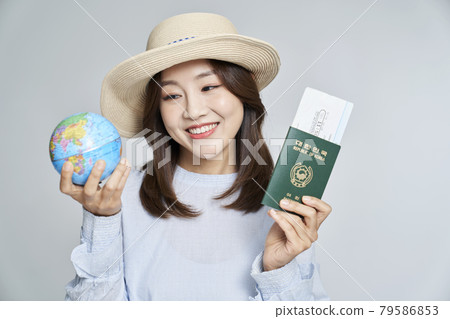 passport, ticket, globe, earth, world map, travel, overseas travel, young woman, nukki, gray background 79586853