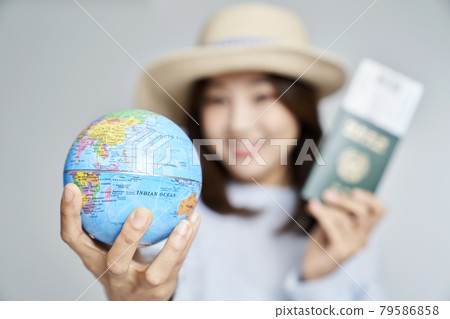 passport, ticket, globe, earth, world map, travel, overseas travel, young woman, nukki, gray background passport, ticket, globe, earth, world map, travel, overseas travel, young woman, nukki, gray background 79586858