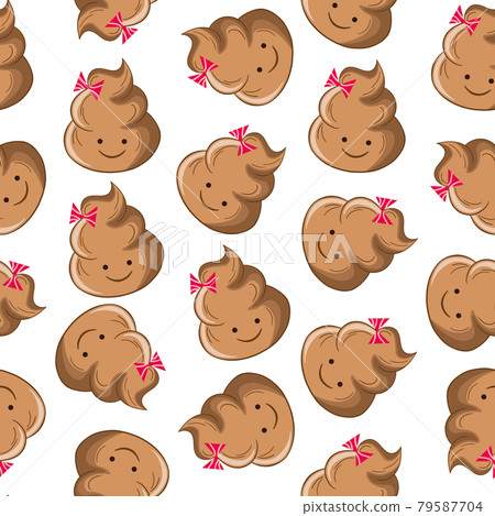 Seamless pattern with kawaii poop on white background. Cartoon poo, feces icons. Shit patterns, evil turd. Vector illustration for invitation, poster, card, fabric, textile. Doodle style 79587704