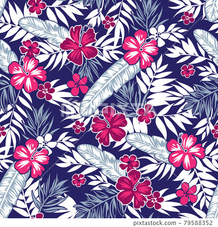 Seamless tropical floral background with palm leaves for summer dress fabric 79588352