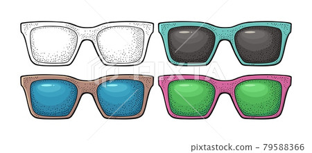 Collection of different color of retro sunglasses. Vintage vector engraving 79588366