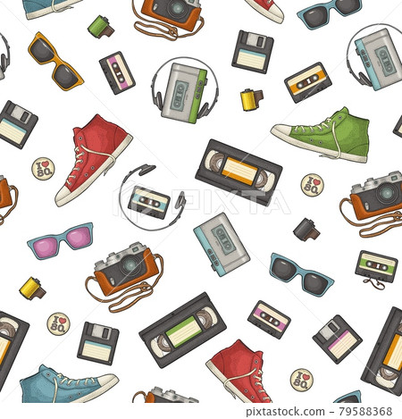 Seamless pattern retro technology object. Vintage vector color engraving illustration Seamless pattern retro technology object. Vintage vector color engraving illustration 79588368