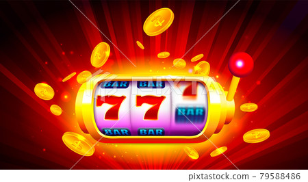 Slot Machine with Icons and Coins on Colorful Background. Online Casino Banner Illustration 79588486