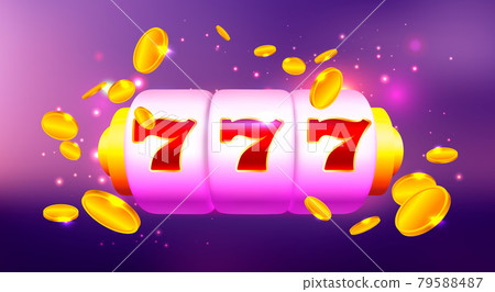 Slot Machine with Icons and Coins on Colorful Background. Online Casino Banner Illustration 79588487