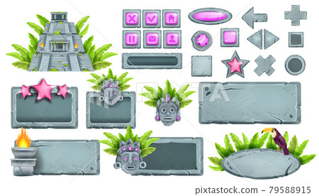 Stone UI game buttons vector collection, rock sign board set, tropical maya pyramid, tiki mask Stone UI game buttons vector collection, rock sign board set, tropical maya pyramid, tiki mask 79588915