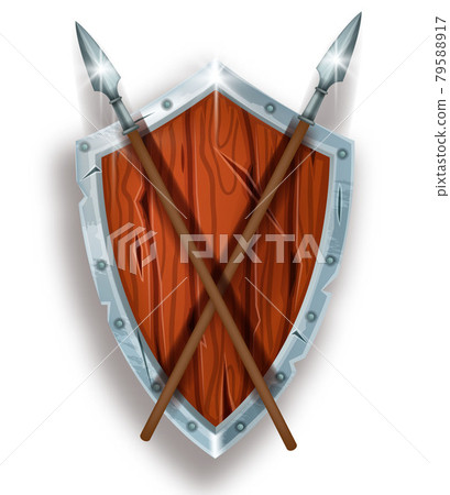 Wooden game shield vector icon, medieval fantasy knight armor, iron spear isolated on white. Wooden game shield vector icon, medieval fantasy knight armor, iron spear isolated on white. 79588917