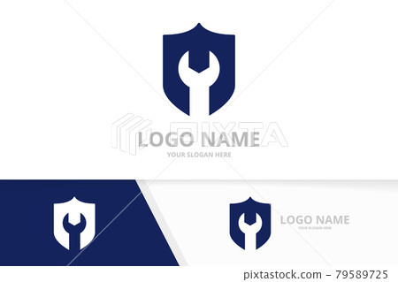 Vector shield and repair logo combination. Security fix logotype design template. 79589725