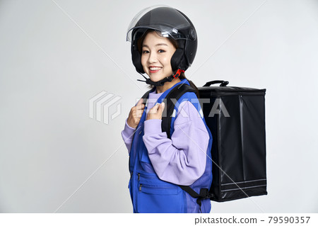 delivery, deliveryman, shipping, courier, deliveryman, helmet, young woman, nukki, gray background delivery, deliveryman, shipping, courier, deliveryman, helmet, young woman, nukki, gray background 79590357