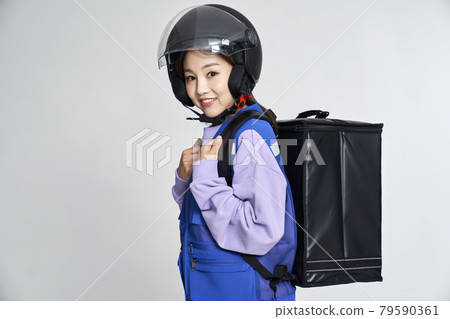 delivery, deliveryman, shipping, courier, deliveryman, helmet, young woman, nukki, gray background delivery, deliveryman, shipping, courier, deliveryman, helmet, young woman, nukki, gray background 79590361