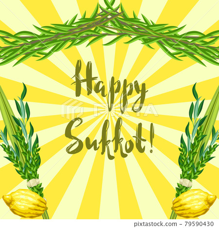 Happy Sukkot greeting card. Holiday background with Jewish festival traditional symbols. Happy Sukkot greeting card. Holiday background with Jewish festival traditional symbols. 79590430