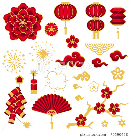Happy Chinese New Year set of decorative objects. Collection of oriental symbols. Happy Chinese New Year set of decorative objects. Collection of oriental symbols. 79590438