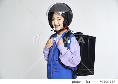 delivery, deliveryman, shipping, courier, deliveryman, helmet, young woman, nukki, gray background 79590512
