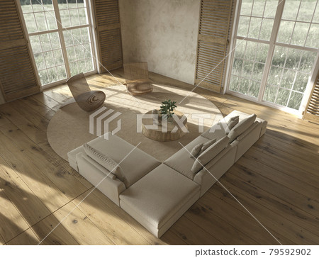 Scandinavian farmhouse style beige living room interior with natural wooden furniture. Top view. 3d render illustration. Scandinavian farmhouse style beige living room interior with natural wooden furniture. Top view. 3d render illustration. 79592902