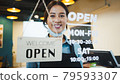 Portrait of Asian woman restaurant or coffee shop owner smile, hanging open sign post 79593307