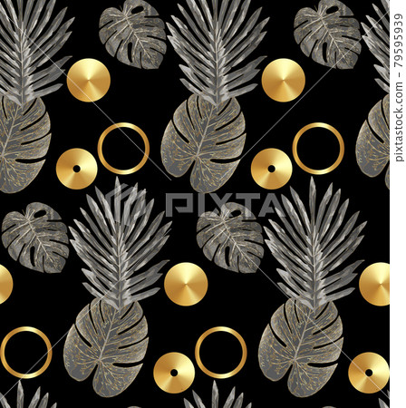Luxury gold and black tropical plant seamless background vector. Floral pattern with golden tropical palm, monstera leaf, exotic plant, Jungle plants, shiny line art on black background Luxury gold and black tropical plant seamless background vector. Floral pattern with golden tropical palm, monstera leaf, exotic plant, Jungle plants, shiny line art on black background 79595939