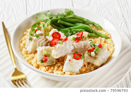 cod with bulgur, steamed green beans, top view cod with bulgur, steamed green beans, top view 79596793