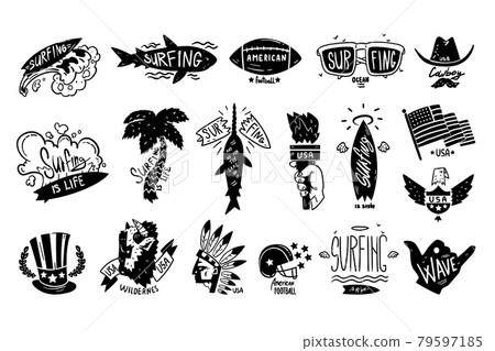 Surfing Black Retro Labels Set, USA Wilderness, American Football Badges Vector Illustration Surfing Black Retro Labels Set, USA Wilderness, American Football Badges Vector Illustration 79597185