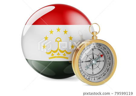 Compass with Tajik flag. Travel and tourism in Tajikistan concept. 3D rendering Compass with Tajik flag. Travel and tourism in Tajikistan concept. 3D rendering 79599119
