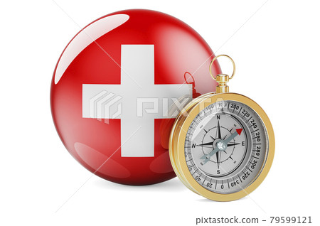 Compass with Swiss flag. Travel and tourism in Switzerland concept. 3D rendering 79599121