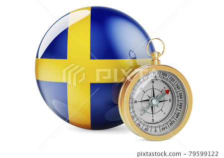 Compass with Swedish flag. Travel and tourism in Sweden concept. 3D rendering Compass with Swedish flag. Travel and tourism in Sweden concept. 3D rendering 79599122
