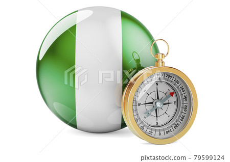 Compass with Nigerian flag. Travel and tourism in Nigeria concept. 3D rendering Compass with Nigerian flag. Travel and tourism in Nigeria concept. 3D rendering 79599124