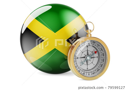 Compass with Jamaican flag. Travel and tourism in Jamaica concept. 3D rendering Compass with Jamaican flag. Travel and tourism in Jamaica concept. 3D rendering 79599127