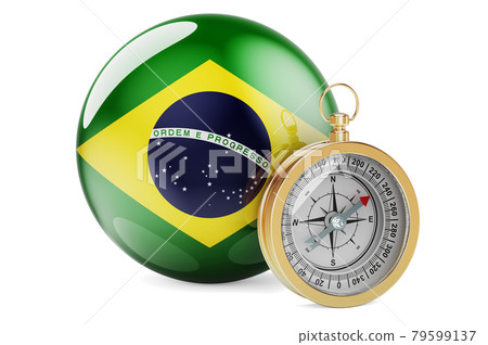 Compass with Brazilian flag. Travel and tourism in Brazil concept. 3D rendering Compass with Brazilian flag. Travel and tourism in Brazil concept. 3D rendering 79599137