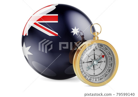 Compass with Australian flag. Travel and tourism in Australia concept. 3D rendering Compass with Australian flag. Travel and tourism in Australia concept. 3D rendering 79599140