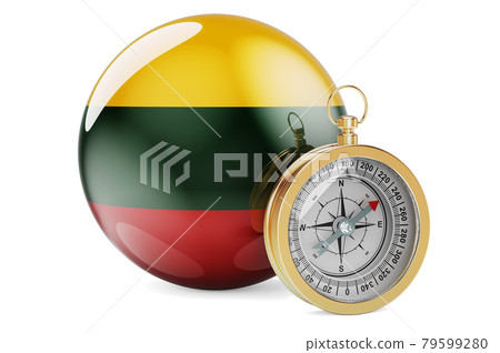 Compass with Lithuanian flag. Travel and tourism in Lithuania concept. 3D rendering Compass with Lithuanian flag. Travel and tourism in Lithuania concept. 3D rendering 79599280